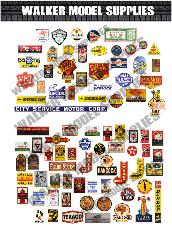 1/43 Scale Pre-cut Vintage style Garage sign stickers. Set 2